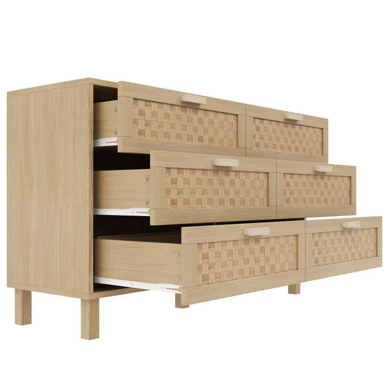Credenza con sei cassetti in rattan, versatile armadio per la camera da letto con ampio spazio contenitivo, 120x40x75 cm, Colore naturale