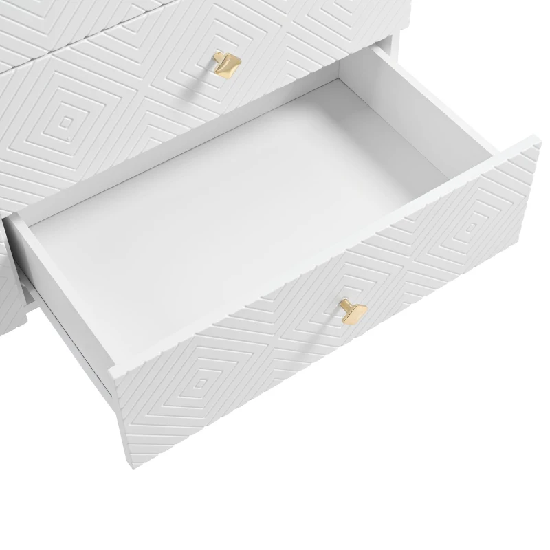 Cassettiera a 6 cassetti, con motivo geometrico e maniglie a forma di diamante, per camera da letto e soggiorno, 120x40x80 cm, Bianco