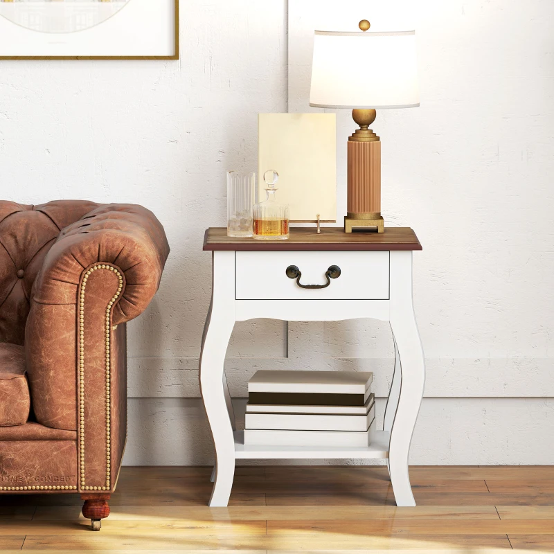 HOMCOM Noptieră Modernă cu Sertar și Raft Deschis din Lemn Alb și Lemn Natural