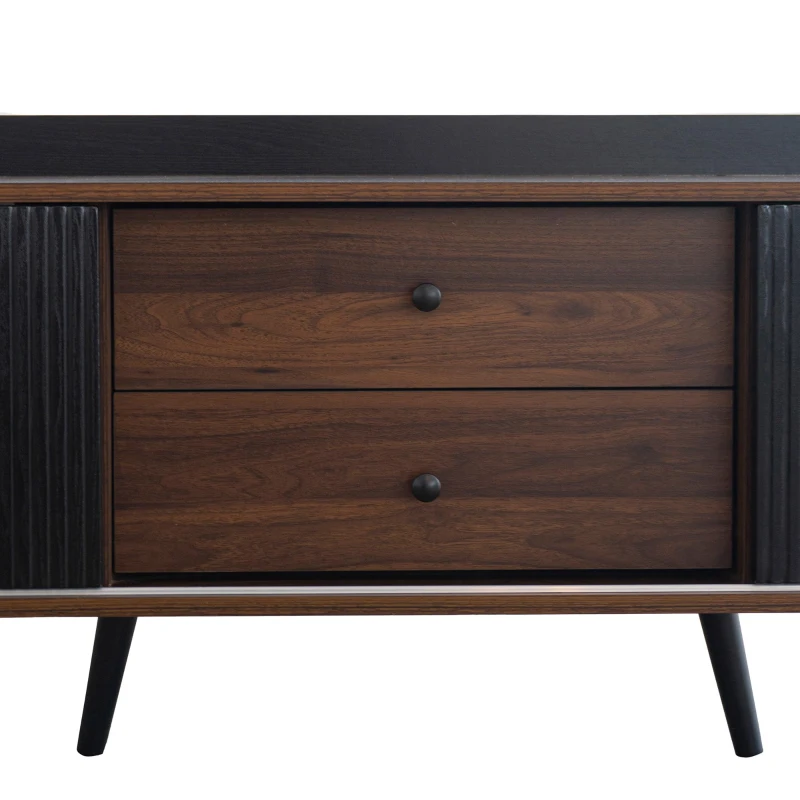 Mobile TV con 2 cassetti, ante scorrevoli a righe e gambe in legno robuste, 160x40x58 cm, Nero