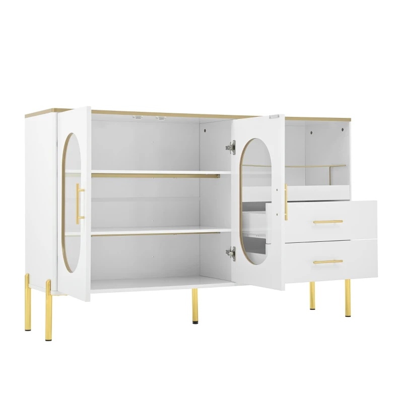 Credenza con 2 cassetti e 2 ante in vetro, ampio vano contenitivo, 140x38x90 cm, Bianco