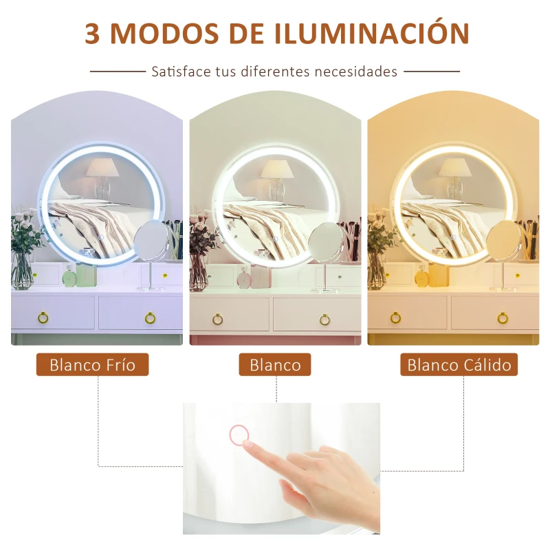HOMCOM Tocador con Espejo con Luz LED Ajustable y Taburete Juego de Mesa de Maquillaje con 4 Cajones de Almacenaje para Dormitorio 80x40x133 cm Blanco