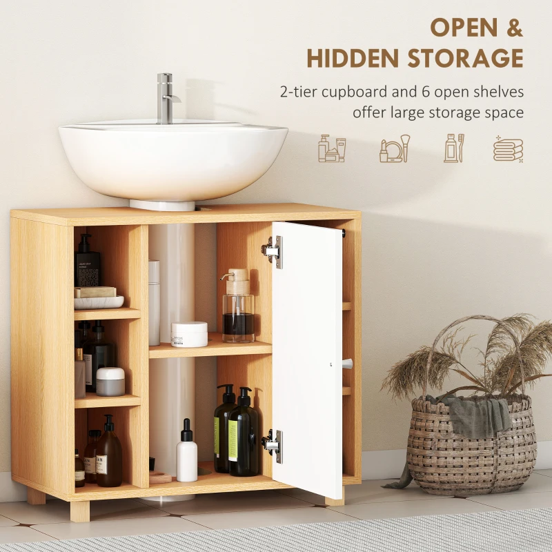 HOMCOM Dulap Sub Chiuvetă cu 2 Uși cu Închidere Lentă și 6 Rafturi Lemn natural