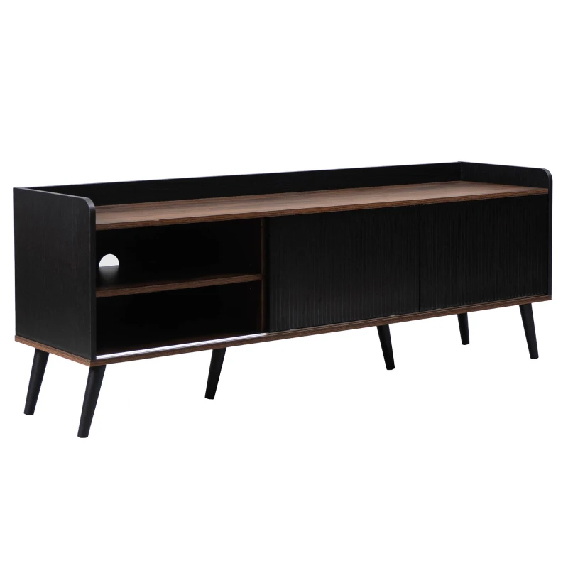 Mobile TV con 2 cassetti, ante scorrevoli a righe e gambe in legno robuste, 160x40x58 cm, Nero