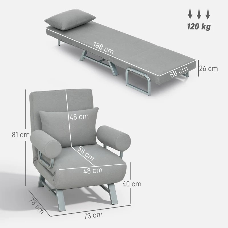HOMCOM slaapfauteuil, gestoffeerde fauteuil, om te zetten naar gastenbed, ergonomisch, Lichtgrijs