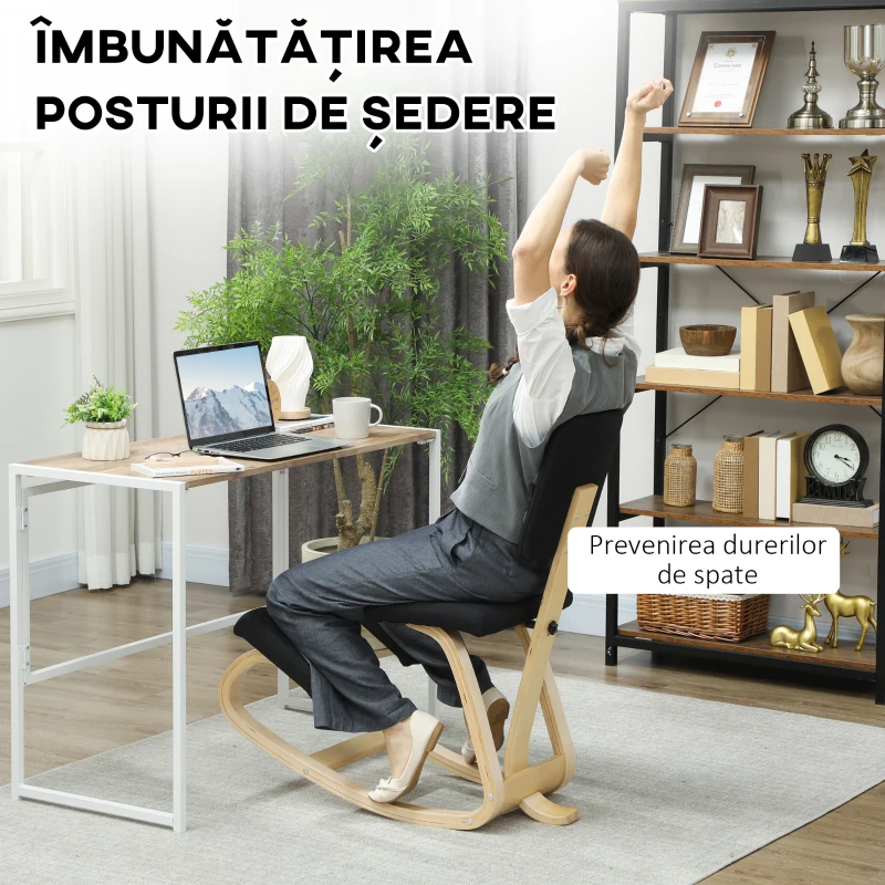 HOMCOM Scaun Ergonomic pentru Genunchi din Țesătură cu Aspect de In și Lemn de Mesteacăn, Negru