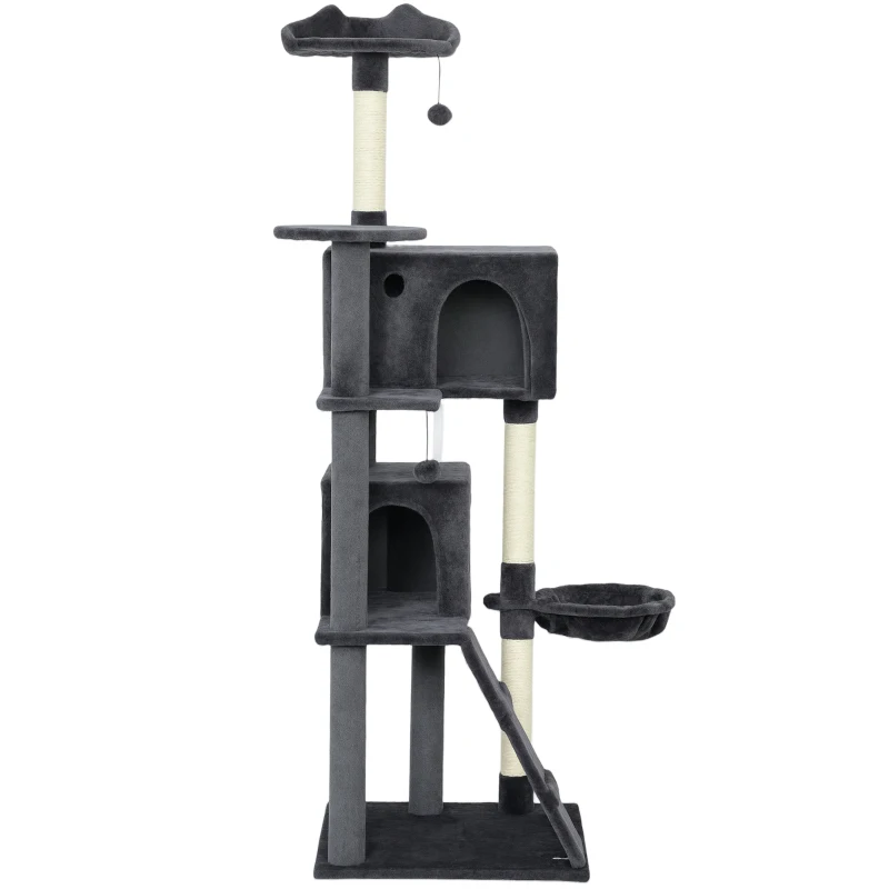 PawHut 180cm Large Cat Tree Tower with Sisal Scratching Posts, Condos, Plush Perches, Hammock, Ladder, Dark Grey