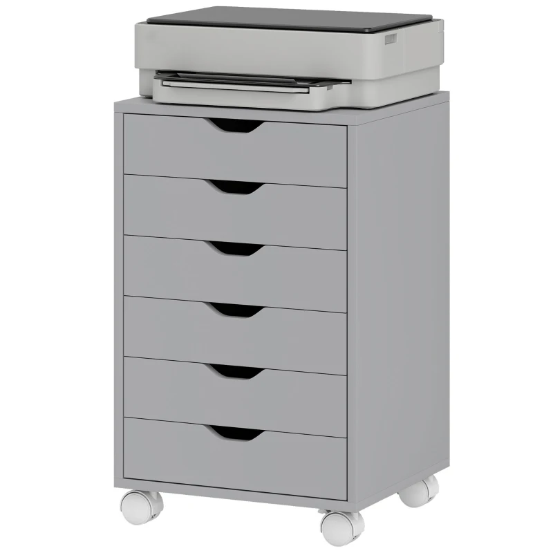 HOMCOM Bloco de Gavetas Móvel Arquivador com 6 Gavetas Suporte para Impressora com Rodas 40x35x63 cm Cinzento