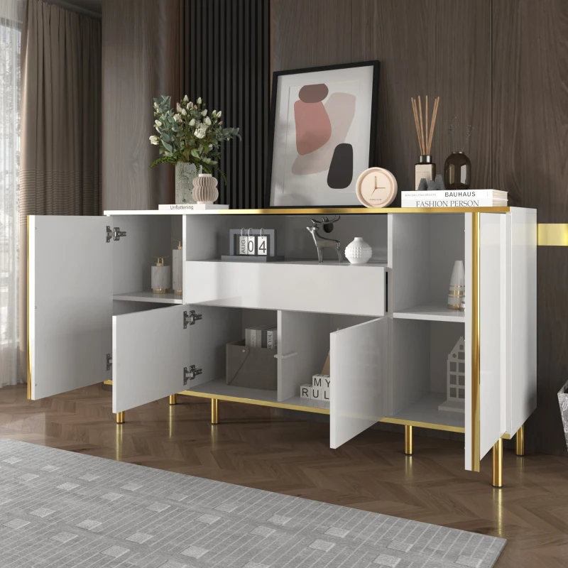 Credenza con illuminazione a LED, 4 ante, 1 cassetto, 150x40x80 cm, Bianco