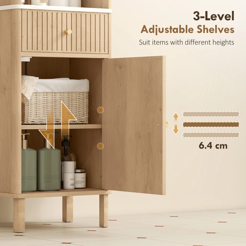 HOMCOM Coloană de Baie cu Sertar, 2 Dulapuri și Rafturi Reglabile, Stejar