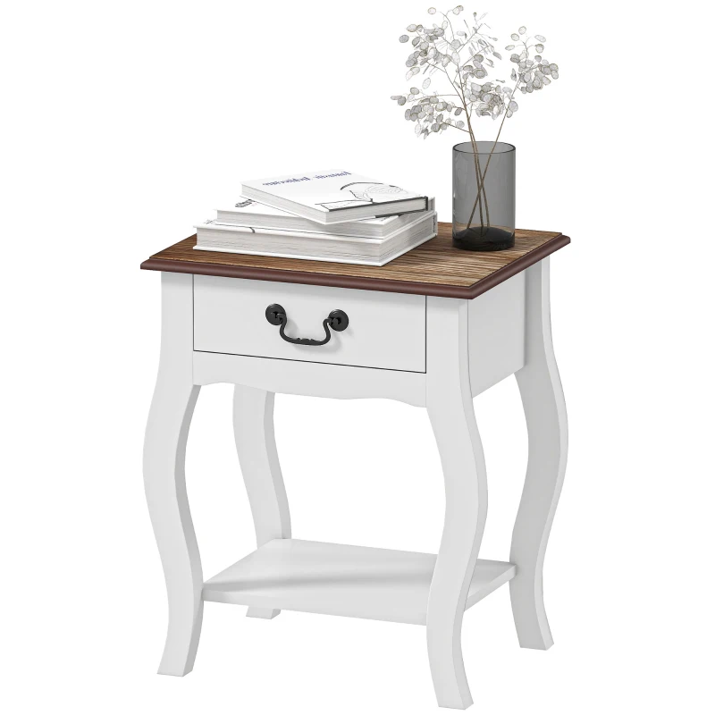 HOMCOM Noptieră Modernă cu Sertar și Raft Deschis din Lemn Alb și Lemn Natural