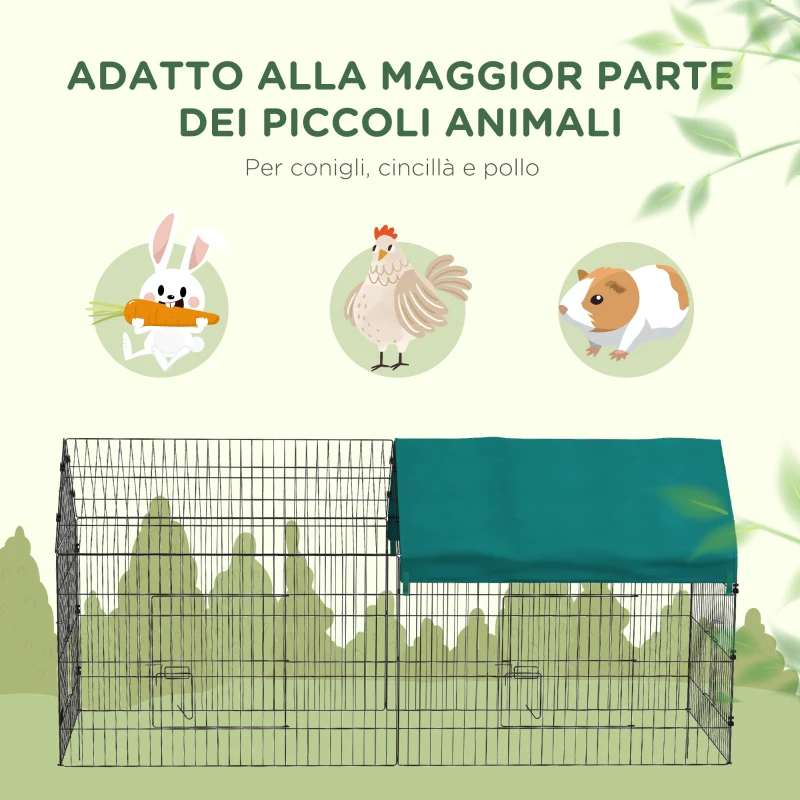 PawHut Gabbia per Conigli da Esterno e Interno a Casetta con Tettuccio, 220x85x103cm, Verde