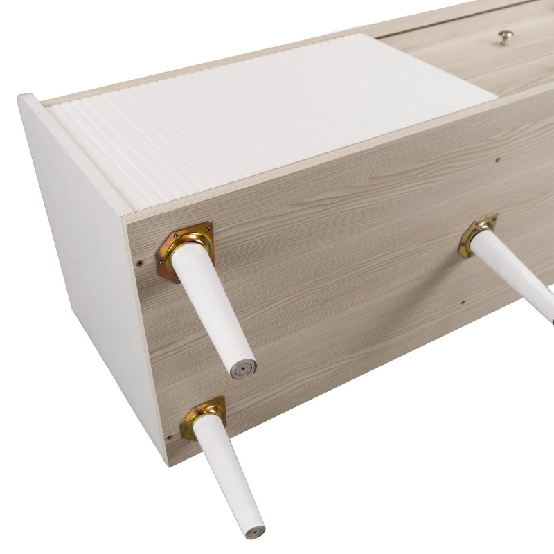 Mobile TV con 2 cassetti, ante scorrevoli a righe e gambe in legno robuste, 160x40x58 cm, Bianco