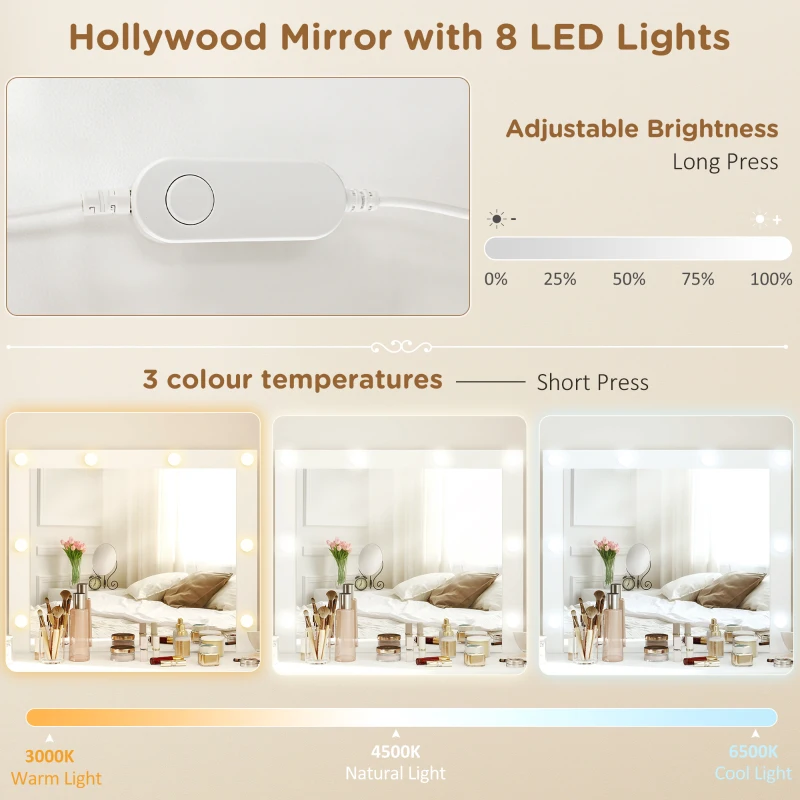 HOMCOM Masă de Machiaj cu Oglindă, 8 Lumini LED, Scaun și 7 Sertare Alb