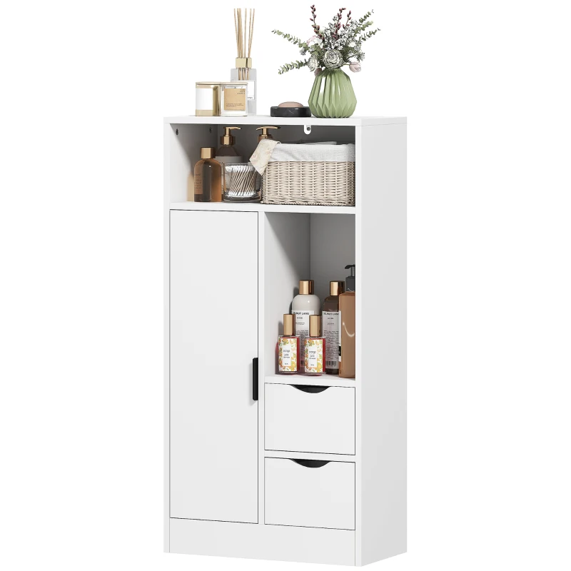 HOMCOM Armoire de Salle de Bain avec 2 Tiroirs Compartiment Ouvert et Étagères Réglables pour Espace Petit 50x25x100 cm Blanc