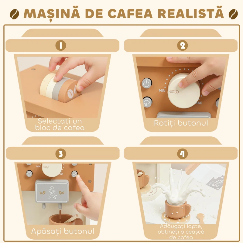 AIYAPLAY Set de joacă cu mașină de cafea din lemn, pentru copii de 3 ani cu accesorii, Maro