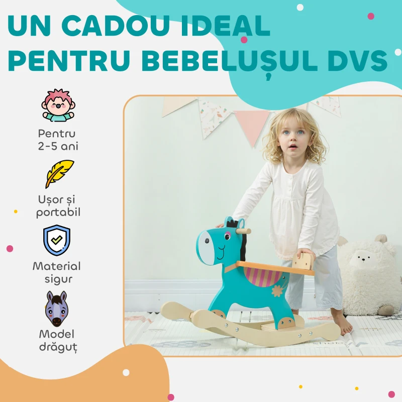 AIYAPLAY Cal de Lemn în Formă de Măgar pentru Copii cu Bază Largă, din Lemn, 59x27x43 cm, Verde Închis și Portocaliu