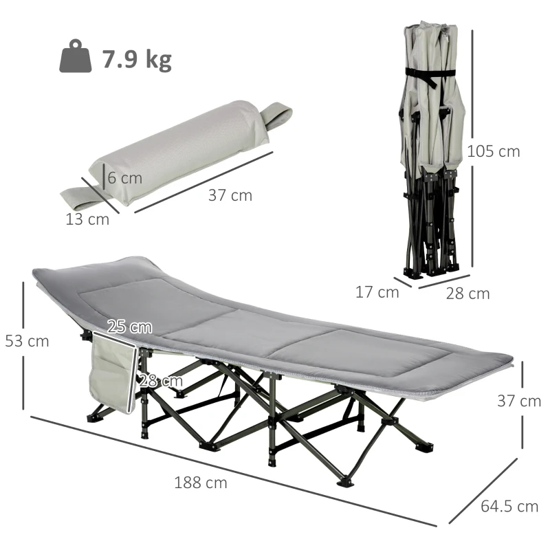 Outsunny Lettino da Campeggio Pieghevole e Imbottito con Tasca Portaoggetti, 188x64.5x53 cm, Grigio chiaro