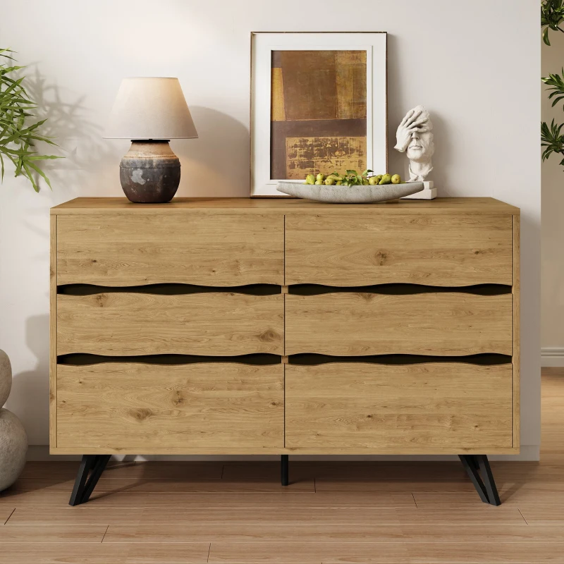 Credenza moderna con 6 cassetti, piedini in metallo, ampio spazio di contenimento, 120x40x75,5 cm, Colore naturale