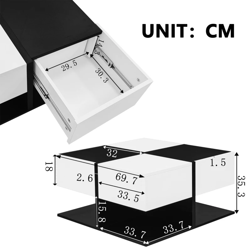 Tavolino da salotto con 2 cassetti, tavolino quadrato da soggiorno con vano contenitore, 70x70x35,5 cm, Nero+Bianco