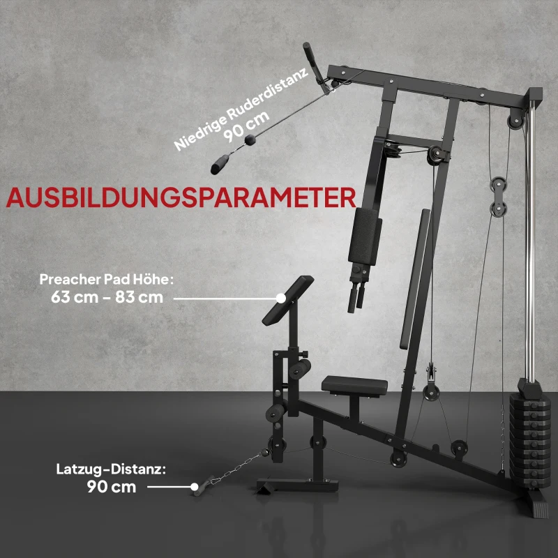 HOMCOM Kraftstation für Zuhause Fitnessstation mit Latzuggerät, Kabelzug, kurzer Bizepsstange, Brustpresse, Beintrainer, Butterfly-Maschine 45kg Gewichten Multifunktion Fitnessstation Schwarz
