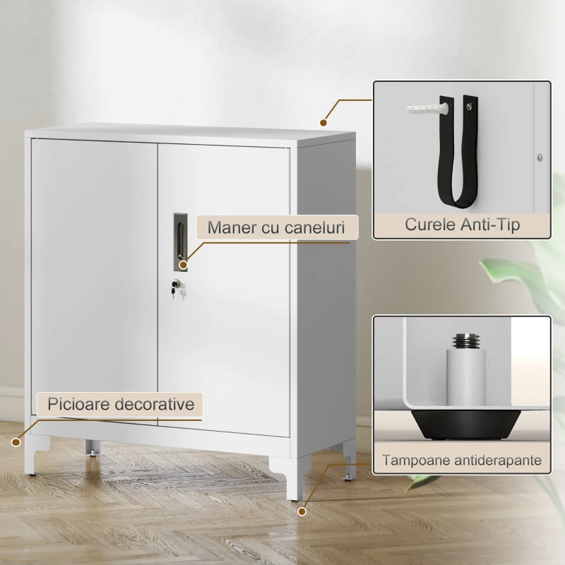 HOMCOM Mobilier de birou cu 3 rafturi, 2 uși și chei, 80x35x91 cm, Alb