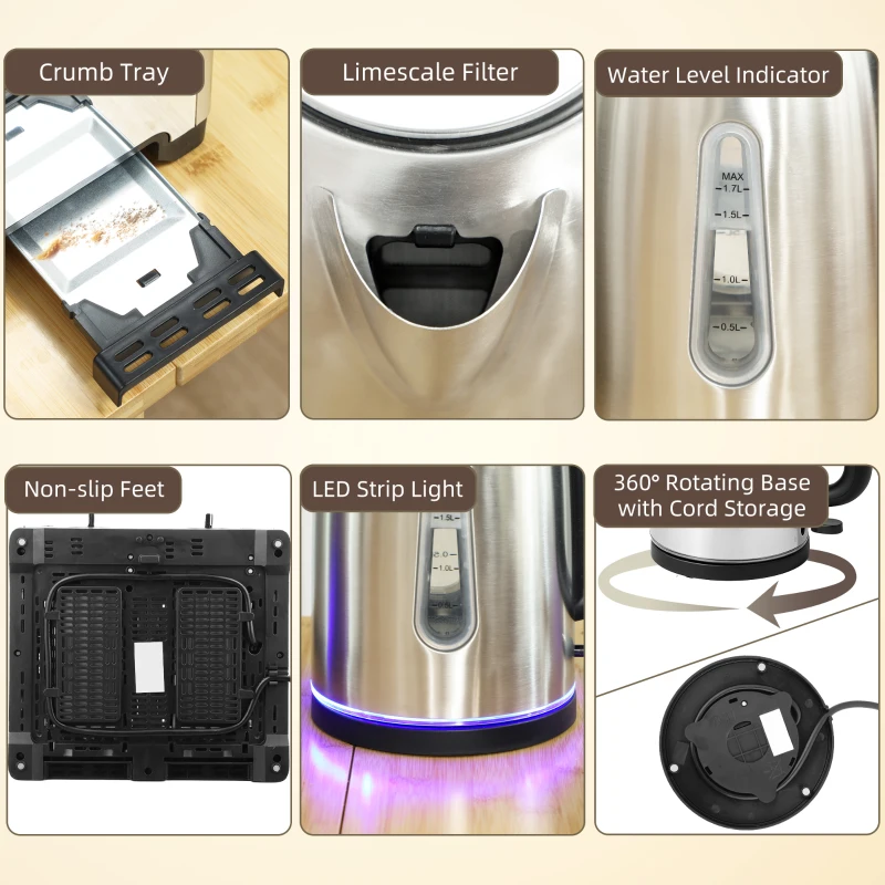 HOMCOM Kettle and Toaster Set, 1.7L 3000W Rapid Boil Jug Kettle with Otter Thermostat, Limescale Filter, 4 Slice Toaster with 7 Browning Controls, Crumb Tray, LED Strip, Silver Tone
