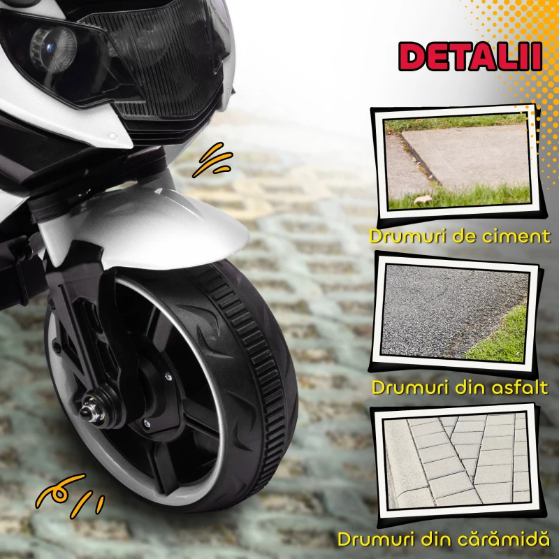 AIYAPLAY Motocicletă electrică pentru copii 18-36 luni, 6V, cu roți detașabile, faruri și muzică, albă