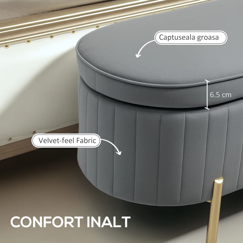 HOMCOM Bancă de Depozitare Ovală 72L cu Capac Rabatabil, din Catifea și Lemn, 108x44x43.5 cm, Gri