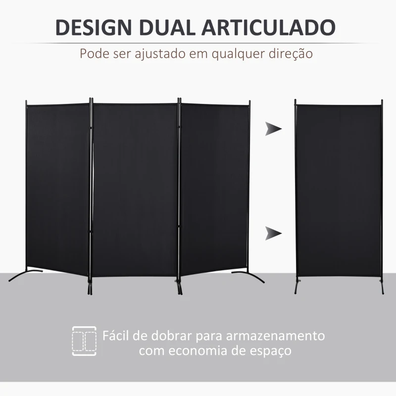HOMCOM Biombo de 3 Paineis Separador de Ambientes Dobrável Biombo de Privacidade com 6 Pés de Metal 253x50x182 cm Preto