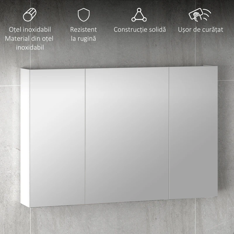 kleankin Dulap de Baie Suspendat cu Oglindă cu 3 Uși, Alb