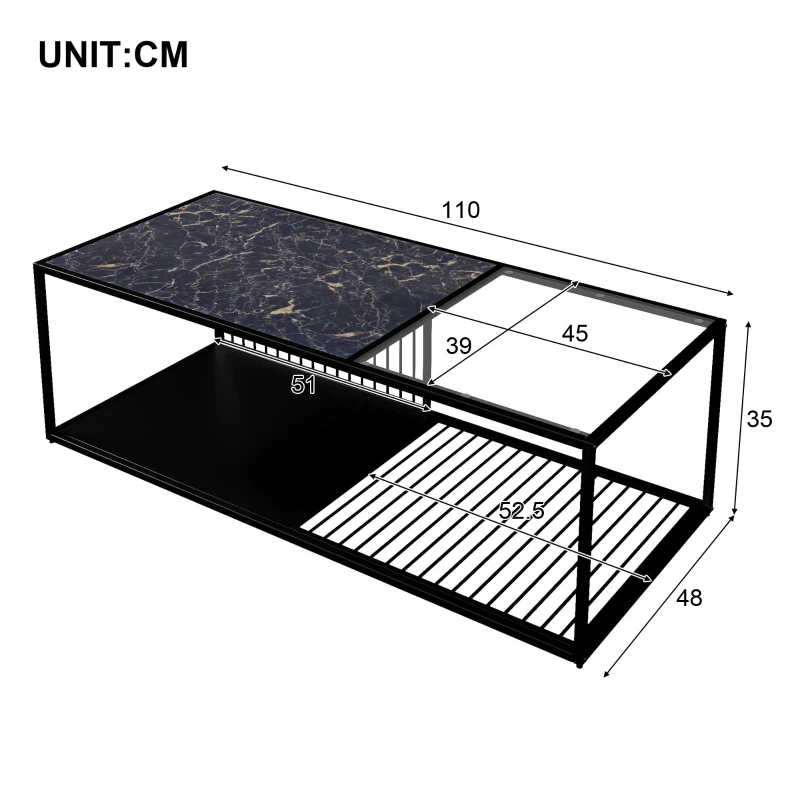 Tavolino da salotto con vetro temperato, con ampio spazio contenitivo, 110x48x35 cm, Nero