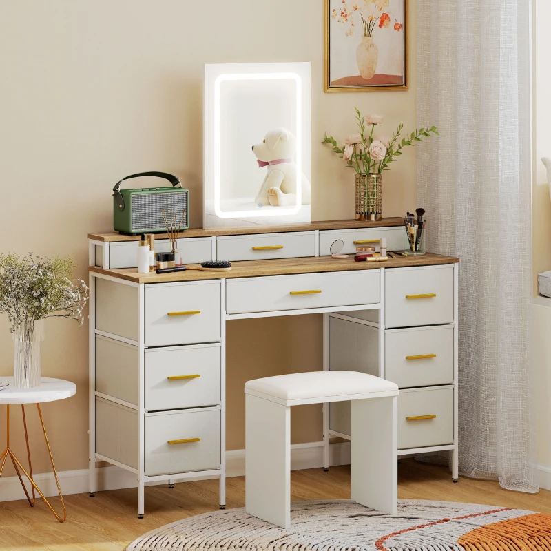 HOMCOM Coiffeuse avec miroir et lumières LED 3 couleurs, table de maquillage 10 tiroirs en tissu, 118,5 x 39,5 x 140 cm naturel