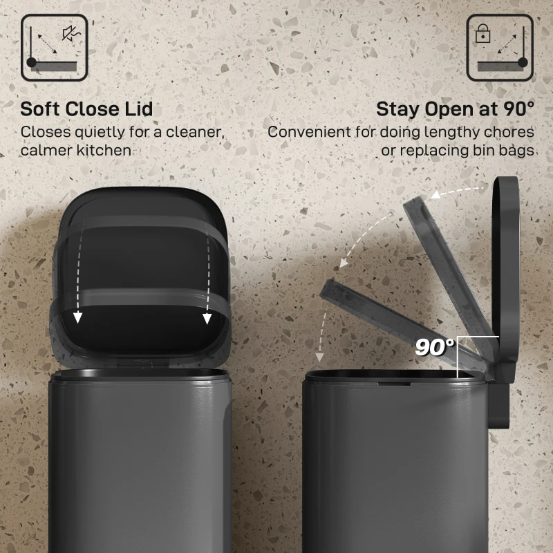 HOMCOM 30L Kitchen Bin, Compact Pedal Bin with Soft-Close and Stay-Open Lid, Removable Bucket for Kitchen, Home, Office, Black