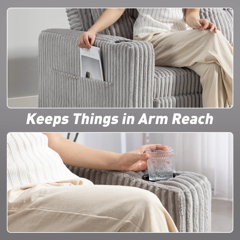 HOMCOM 2 Seater Click Clack Sofa Bed with Pull Out Design, Corduroy Upholstery - Light Grey