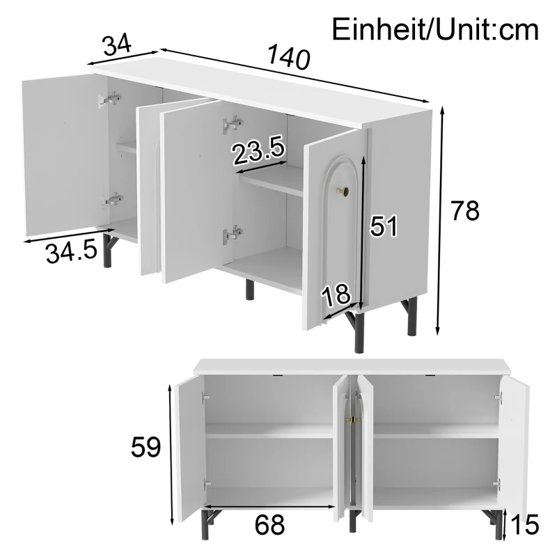 Credenza a 4 ante con frontale ad arco 3D, per soggiorno, sala da pranzo e ingresso, 140x34x78 cm, Bianco
