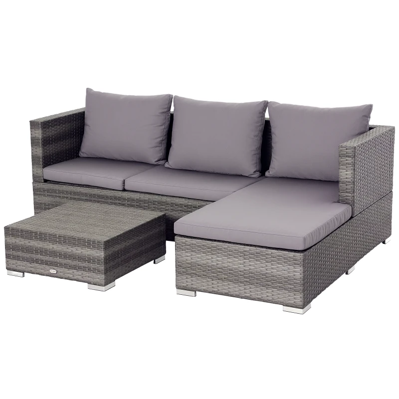 Outsunny 3 Pieces Rattan Garden Furniture Sofa Set, 4 Seater Garden Corner Sofa with 5-Level Reclining Sun Lounger and Storage Coffee Table, Outdoor Furniture Conservatory Set with Cushions, Grey