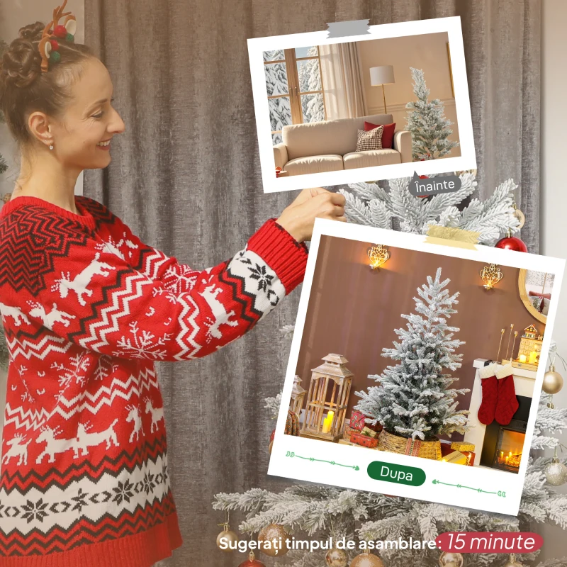 HOMCOM Pom de Crăciun înzăpezit 150 cm cu Bază Metalică Pliabilă