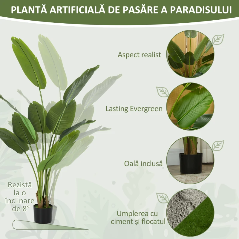 Plantă Artificială HOMCOM de 160 cm cu 10 Frunze Verzi din PEVA și Vas de Ø16.5x13.5 cm