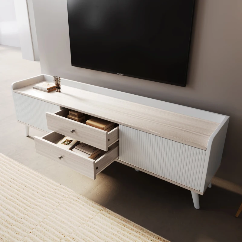 Mobile TV con 2 cassetti, ante scorrevoli a righe e gambe in legno robuste, 160x40x58 cm, Bianco