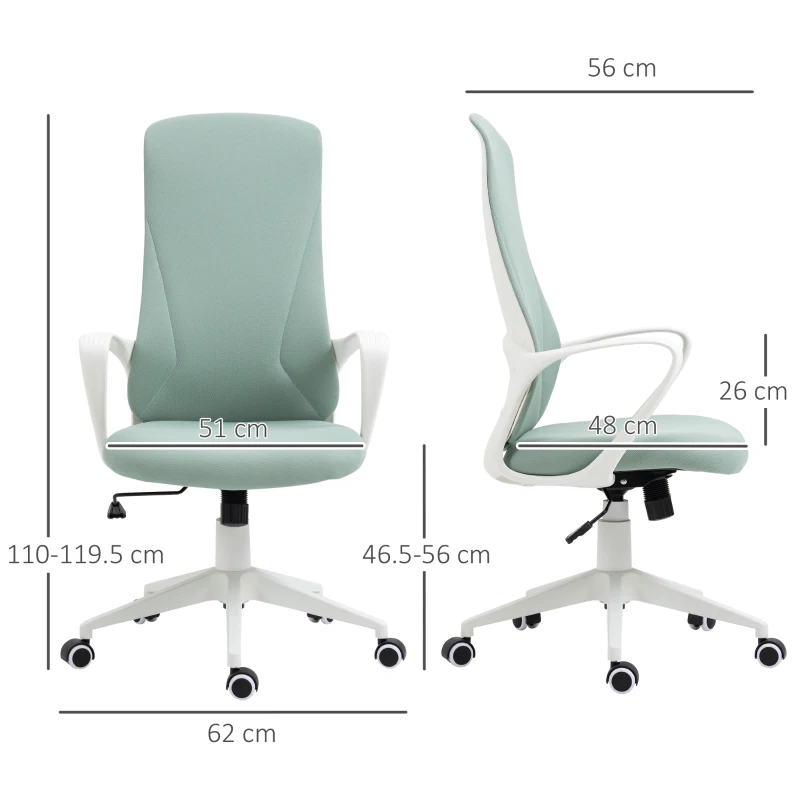 Vinsetto Scaun de birou ergonomic, cu înălțime ajustabilă și balans, 62x56x110-119,5 cm, verde