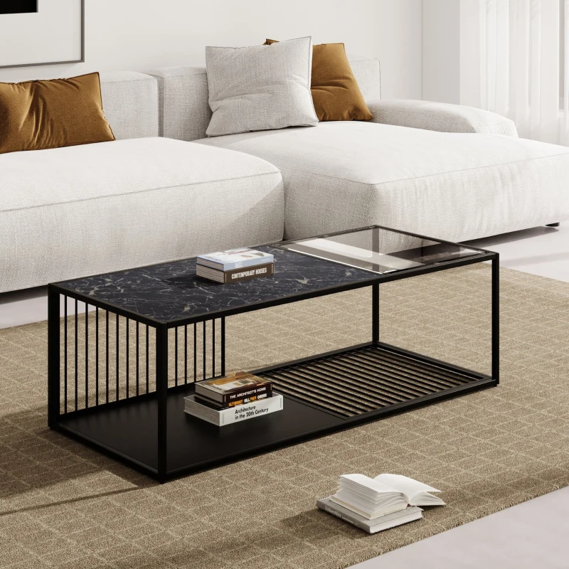 Tavolino da salotto con vetro temperato, con ampio spazio contenitivo, 110x48x35 cm, Nero