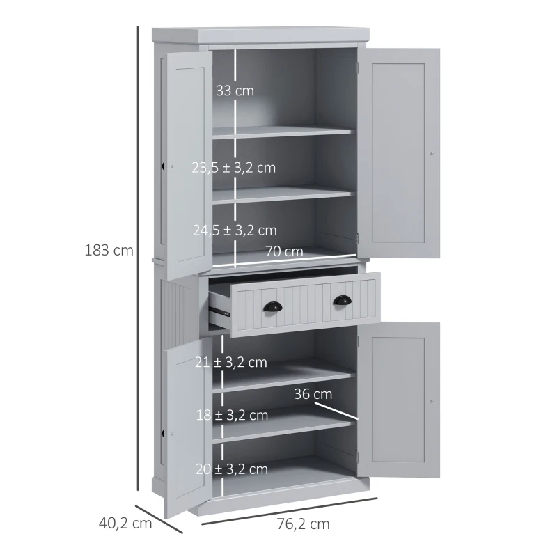 HOMCOM Armario de cocina aparador multi-almacenaje estantes regulables 4 puertas gran cajón 76,2 x 40,2 x 183 cm gris