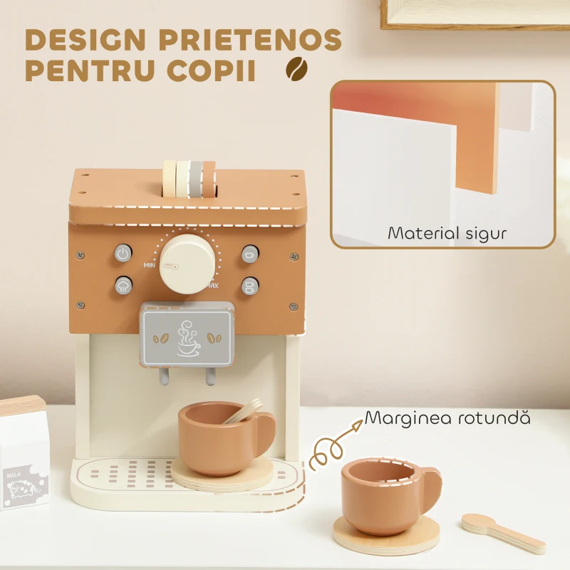 AIYAPLAY Set de joacă cu mașină de cafea din lemn, pentru copii de 3 ani cu accesorii, Maro