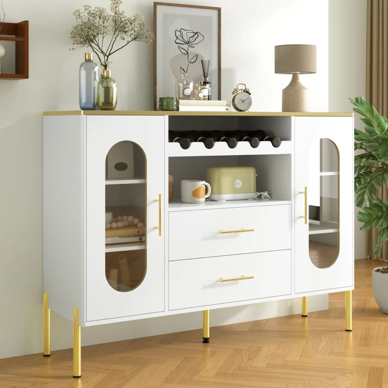 Credenza con ante in vetro, portabottiglie e ampio spazio di stoccaggio, 120x38x90 cm, Bianco