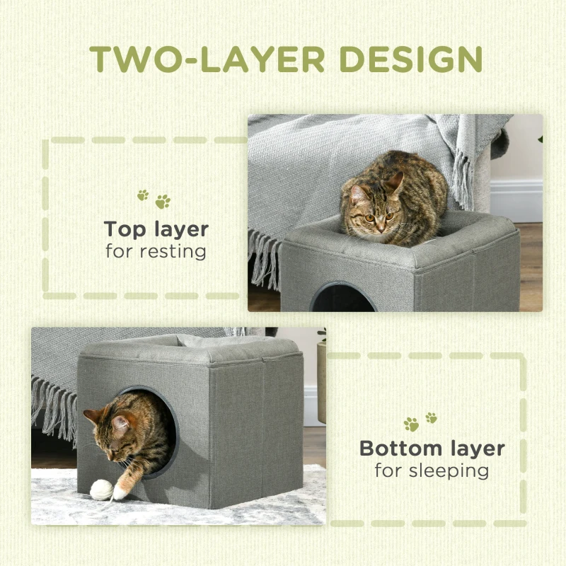 PawHut Căsuță pentru Pisici cu 2 Nivele și Pernă din Pluș, din Lemn, Poliester și Plastic, 36.5x36.5x33 cm, Verde