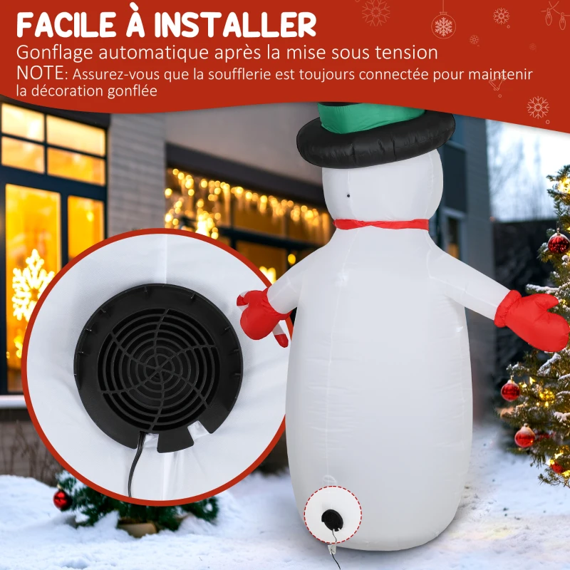 Outsunny Bonhomme de neige gonflable de Noël, 240 cm, décoration gonflables de Noël avec lumières LED, 177x78x240cm, multicolore