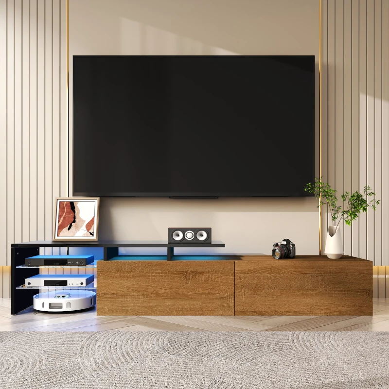 Mobile TV con illuminazione LED, spazio di archiviazione e ripiani in vetro, 170x33x33,5 cm, Nero+Colore naturale