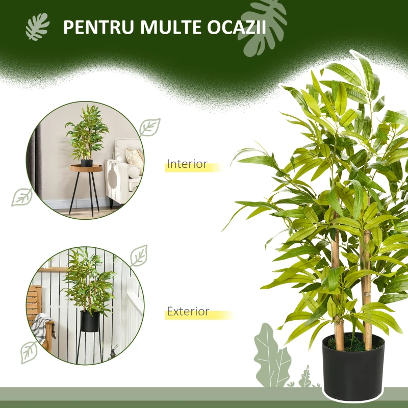 HOMCOM Plantă Artificială de Bambus, Înălțime 60 cm, din Poliester și PP, Verde, cu Vas de Ciment Ø15x12.5 cm
