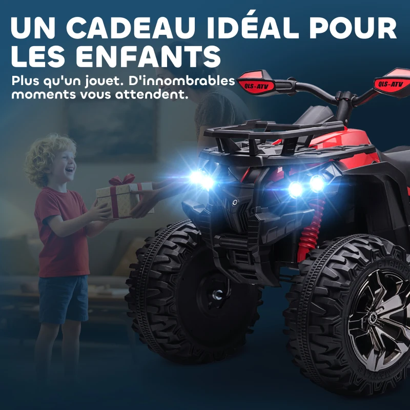 HOMCOM Quad Buggy électrique Enfant 12 V 8 Km/h Max. Voiture électrique Enfant avec Effets Lumineux sonores Selle avec Dossier Porte-Bagage Avant métal PP Rouge Noir(m-8)